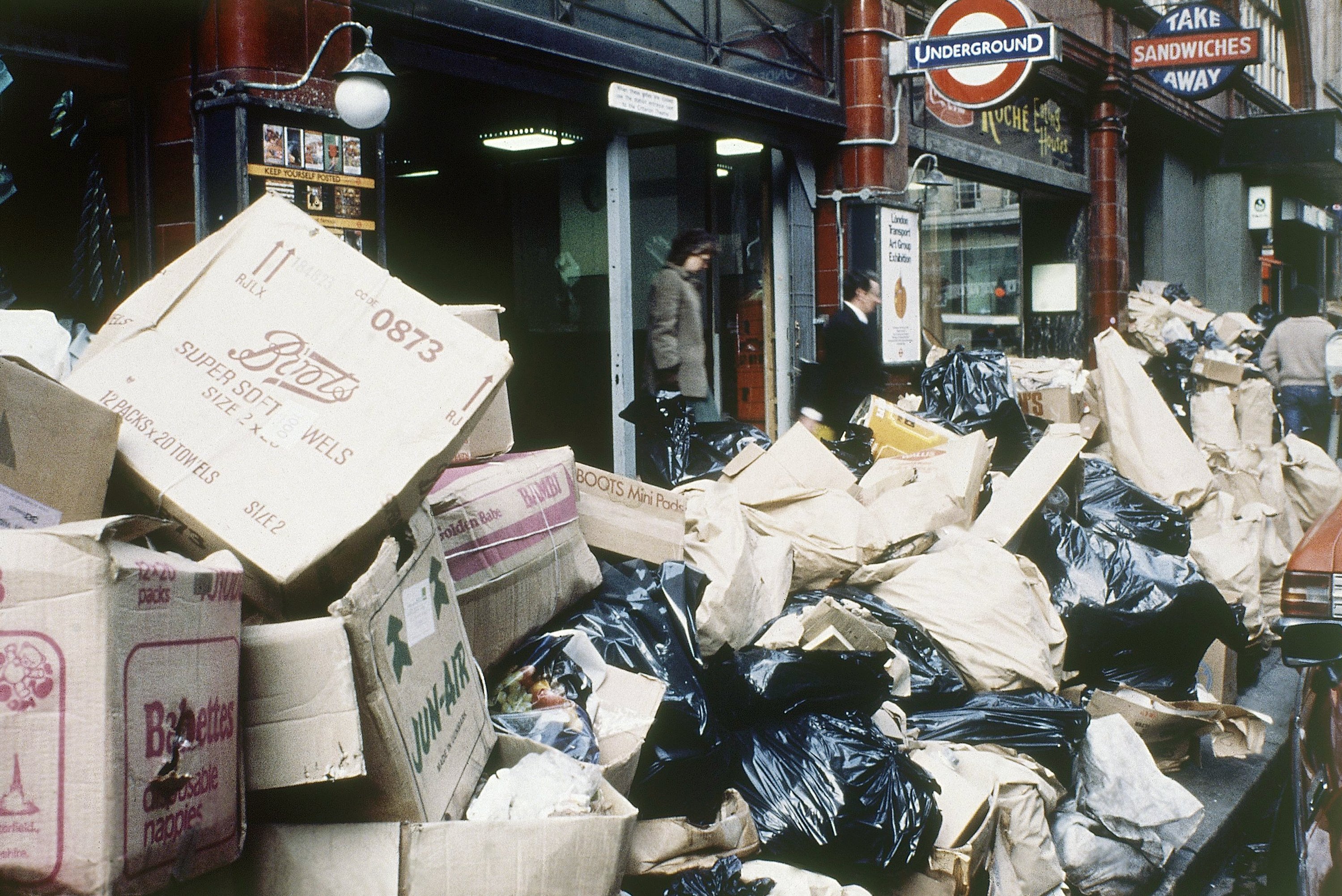 Trash piles up in London during labor strike in 1970s. 