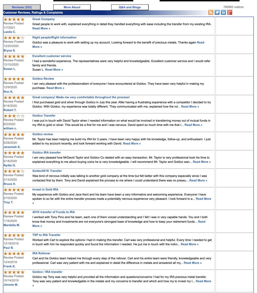 Screenshot of Goldco's Trustlink scores