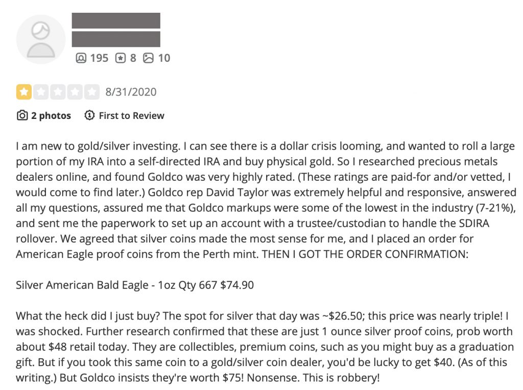 Screenshot of negative Goldco review