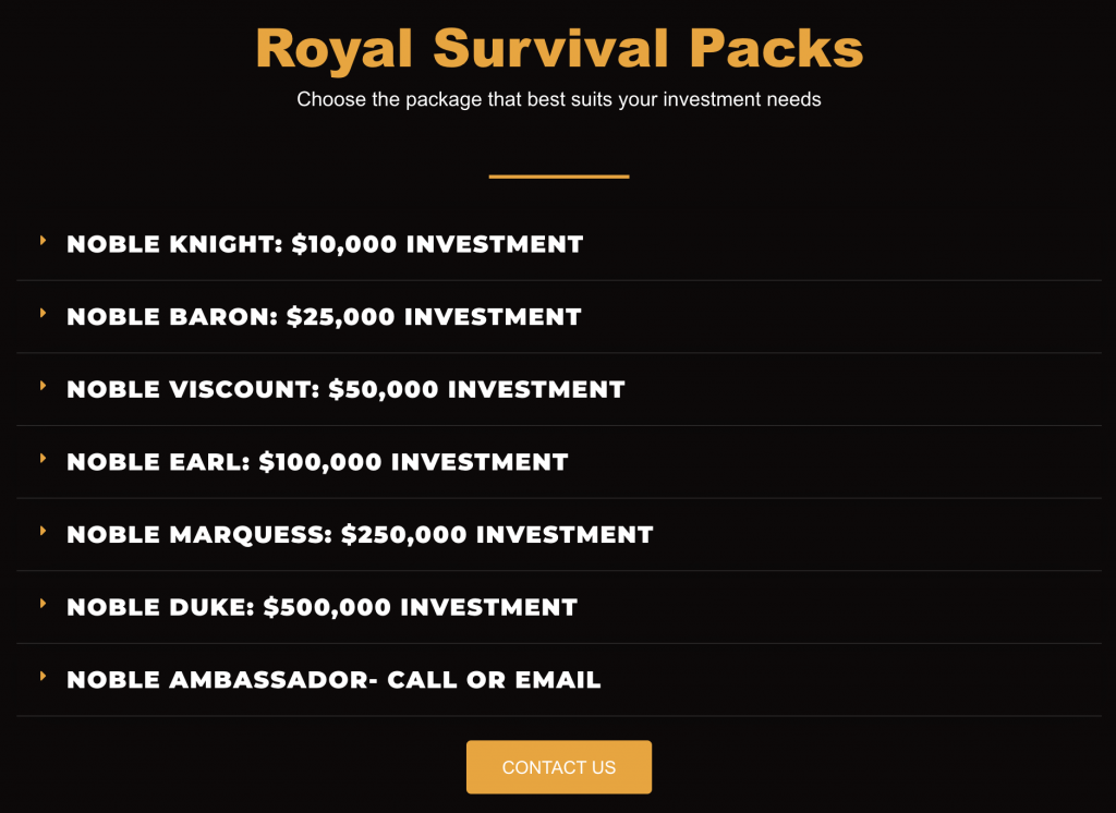 List of investment tiers offered by Noble Gold's Royal Survival Packs program