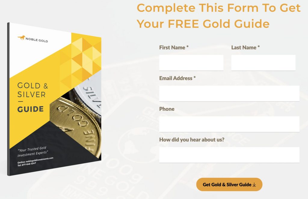 Screenshot of sign-up page on Noble Gold website