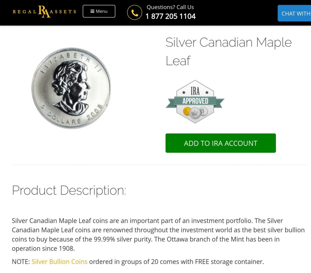 Screenshot of Regal Assets silver coin offerings