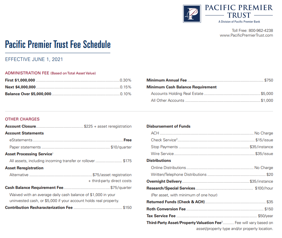 Pacific Premier Trust admin fees