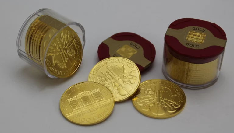 Gold coins displayed on a surface